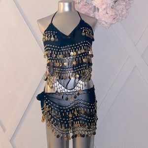 Belly dance top outfits set black and gold coin